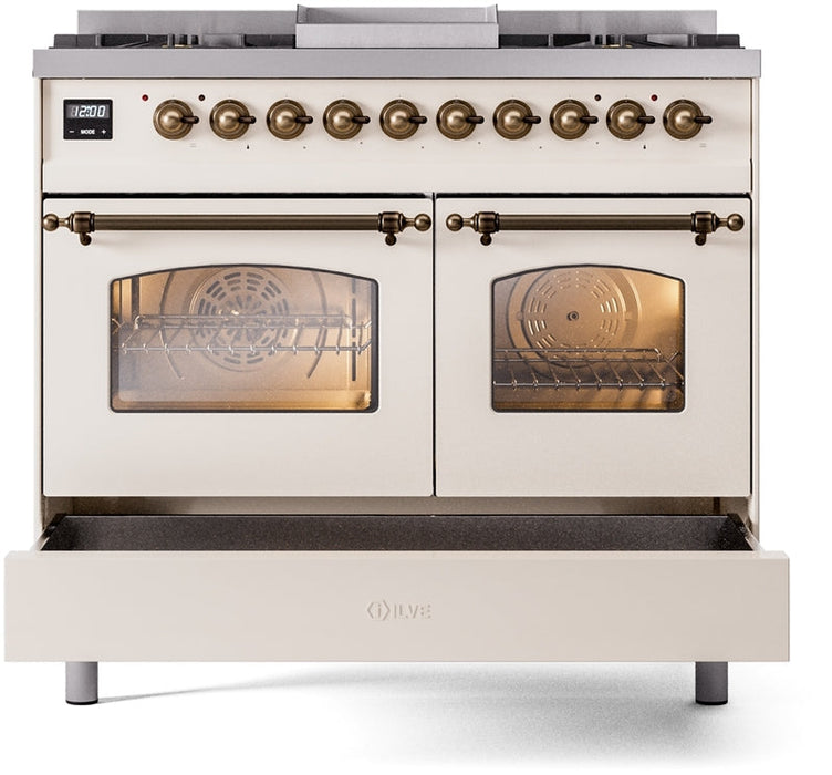 ILVE Nostalgie II 40" Dual Fuel Propane Gas Range in Antique White with Bronze Trim, UPD40FNMPAWBLP