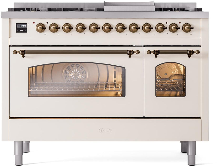 ILVE Nostalgie II 48" Dual Fuel Natural Gas Range in Antique White with Bronze Trim, UP48FNMPAWB