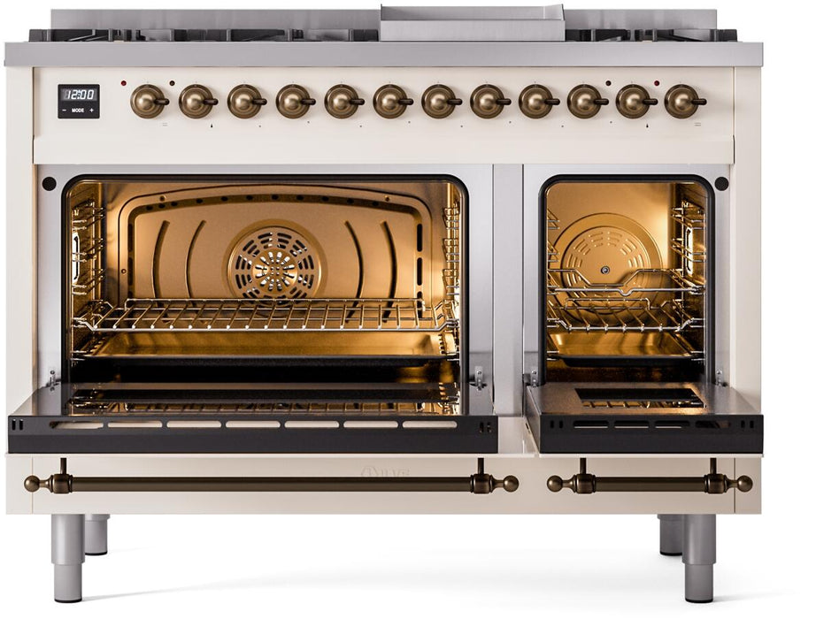 ILVE Nostalgie II 48" Dual Fuel Natural Gas Range in Antique White with Bronze Trim, UP48FNMPAWB