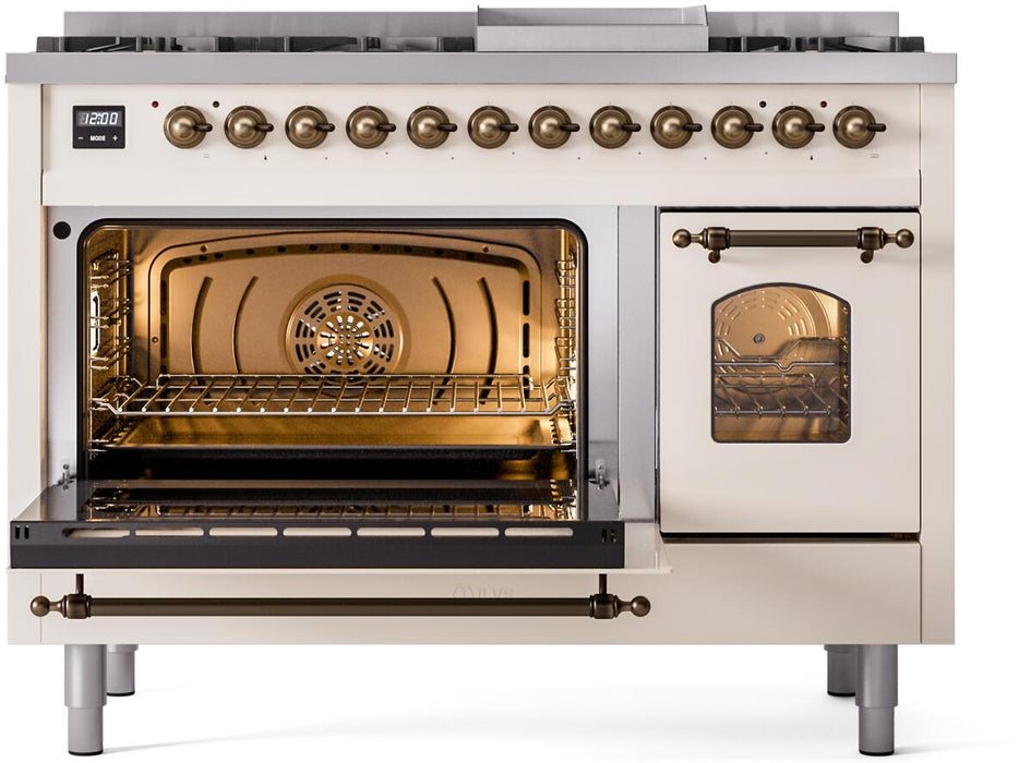 ILVE Nostalgie II 48" Dual Fuel Natural Gas Range in Antique White with Bronze Trim, UP48FNMPAWB