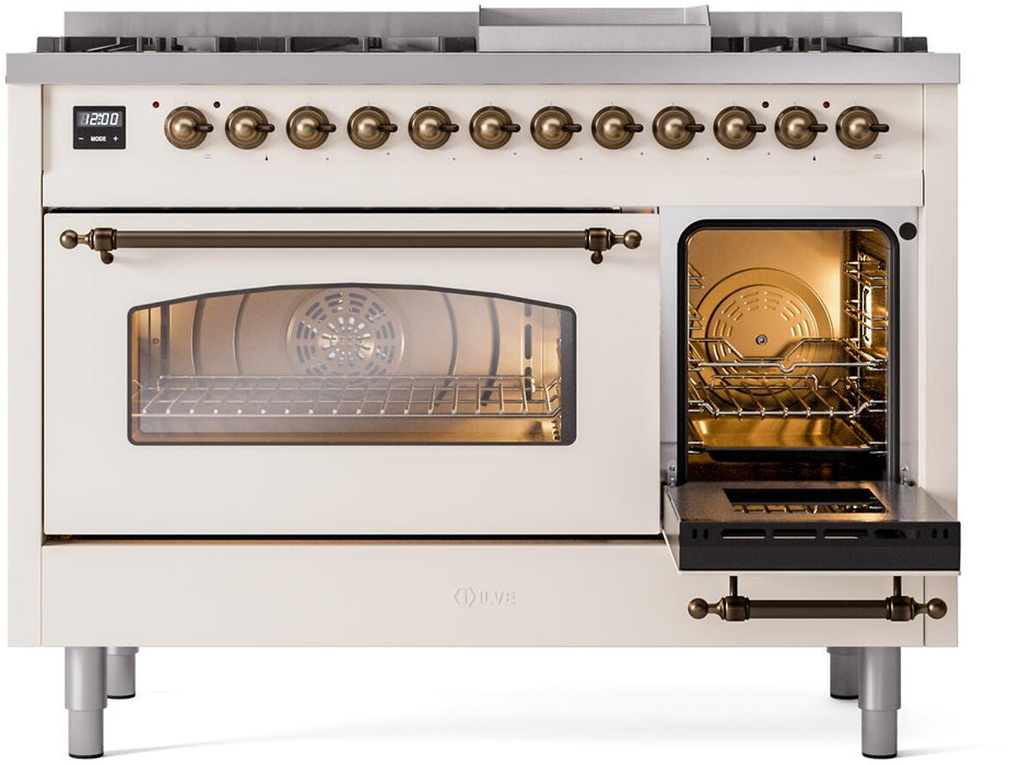 ILVE Nostalgie II 48" Dual Fuel Natural Gas Range in Antique White with Bronze Trim, UP48FNMPAWB