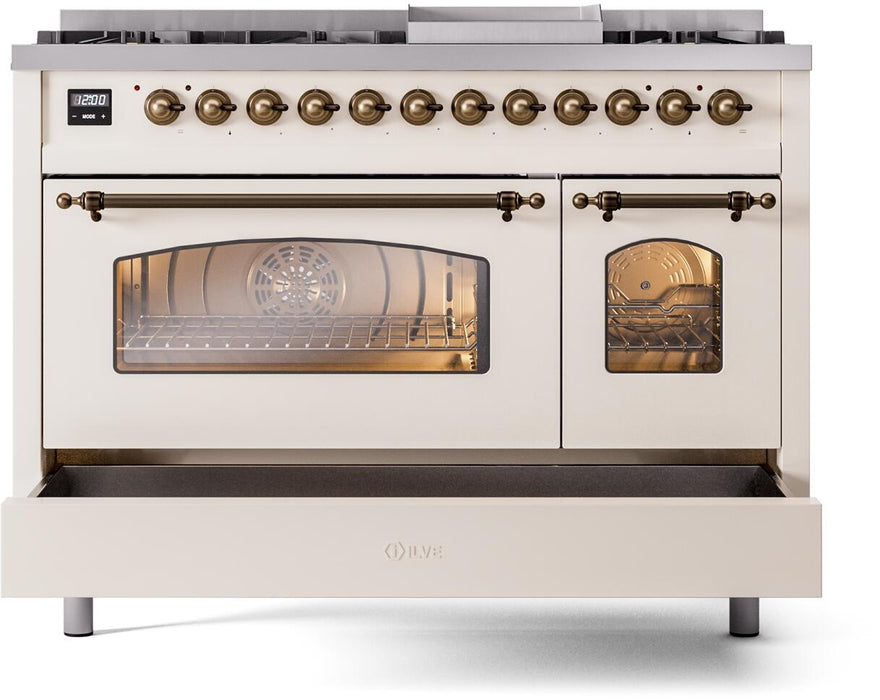 ILVE Nostalgie II 48" Dual Fuel Natural Gas Range in Antique White with Bronze Trim, UP48FNMPAWB