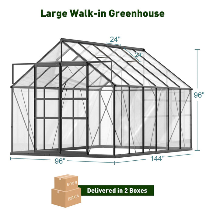 12x8 ft Walk-in Outdoor Greenhouse with Sliding Door, Vent Window, Rain Gutter