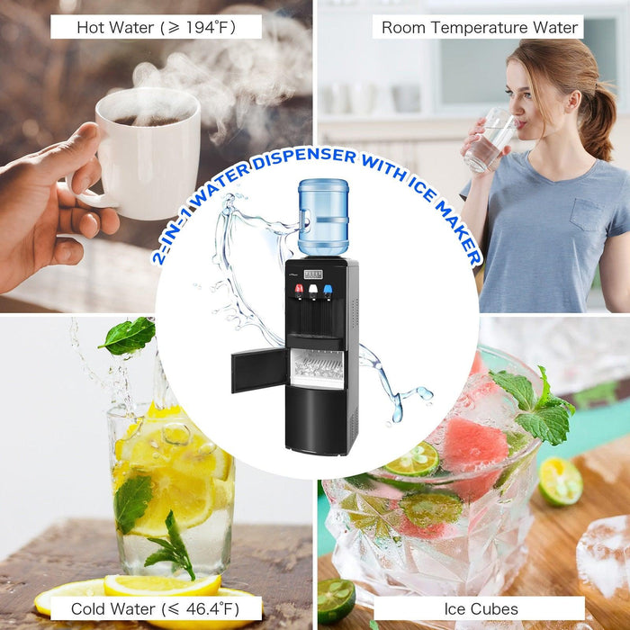 2 in 1 Water Cooler Dispenser for 3-5 Gallon Bottle with Scoop, Ice Maker, Child Safety Lock, Black