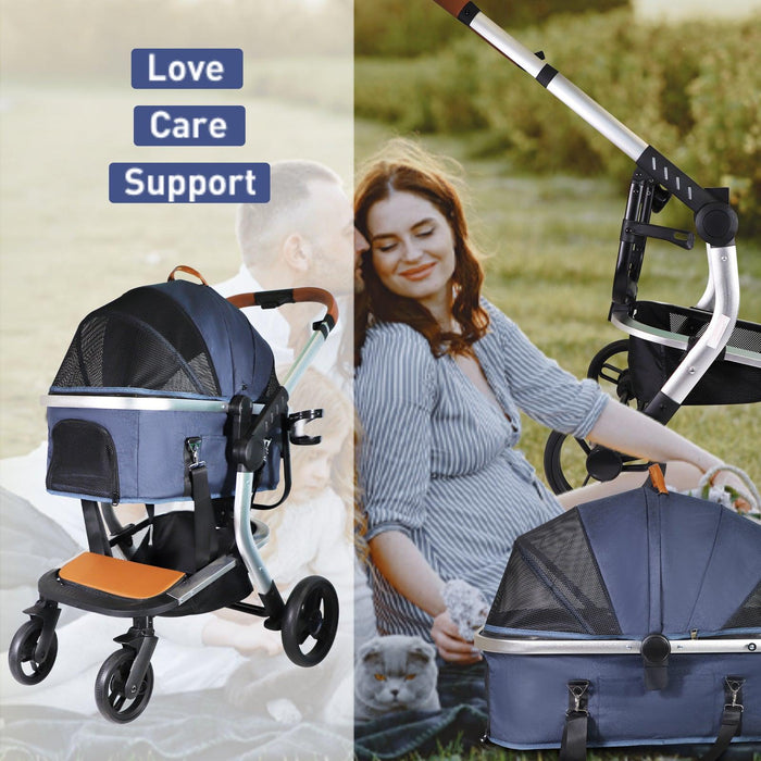 3 in 1 Travel Dog Stroller Pet Carrier with Detachable Carrier & Adjustable Handle, Blue