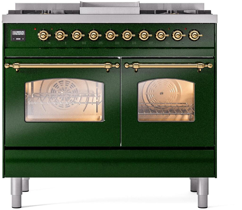 ILVE Nostalgie II 40" Dual Fuel Propane Gas Range in Emerald Green with Brass Trim, UPD40FNMPEGGLP