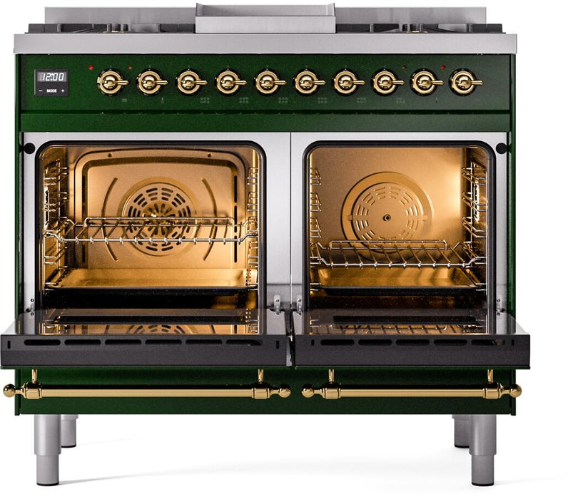 ILVE Nostalgie II 40" Dual Fuel Propane Gas Range in Emerald Green with Brass Trim, UPD40FNMPEGGLP