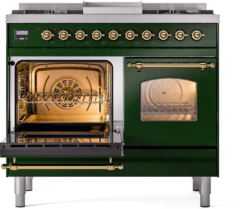 ILVE Nostalgie II 40" Dual Fuel Propane Gas Range in Emerald Green with Brass Trim, UPD40FNMPEGGLP