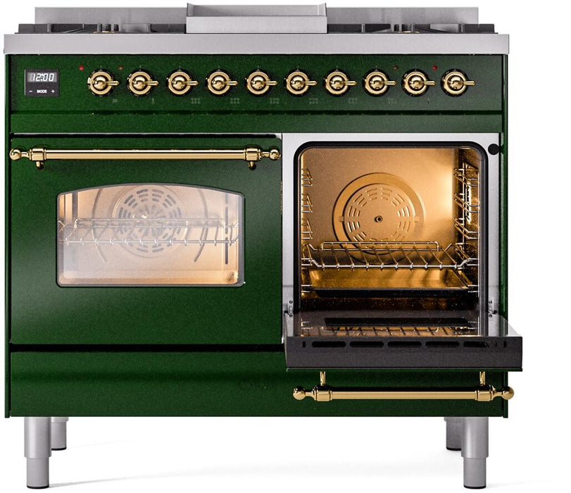 ILVE Nostalgie II 40" Dual Fuel Propane Gas Range in Emerald Green with Brass Trim, UPD40FNMPEGGLP