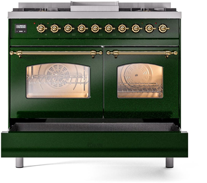 ILVE Nostalgie II 40" Dual Fuel Propane Gas Range in Emerald Green with Brass Trim, UPD40FNMPEGGLP