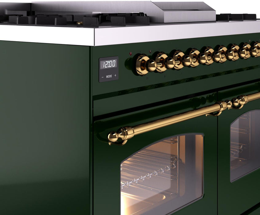 ILVE Nostalgie II 40" Dual Fuel Propane Gas Range in Emerald Green with Brass Trim, UPD40FNMPEGGLP