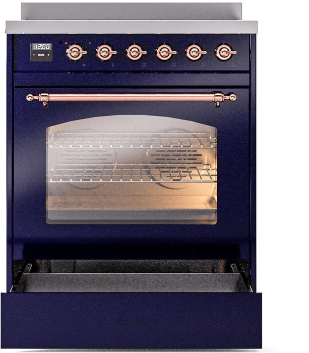 ILVE Nostalgie II 30" Induction Range with Element Stove and Electric Oven in Blue with Copper Trim, UPI304NMPMBP