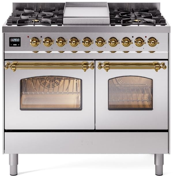 ILVE Nostalgie II 40" Dual Fuel Natural Gas Range in Stainless Steel with Brass Trim, UPD40FNMPSSG