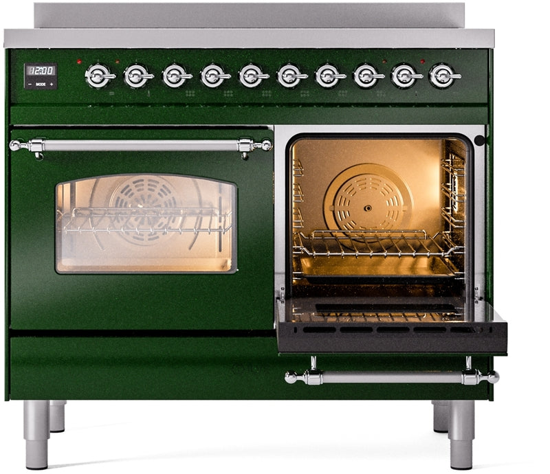 ILVE Nostalgie II 40" Induction Range with Element Stove and Electric Oven in Emerald Green with Chrome Trim, UPDI406NMPEGC