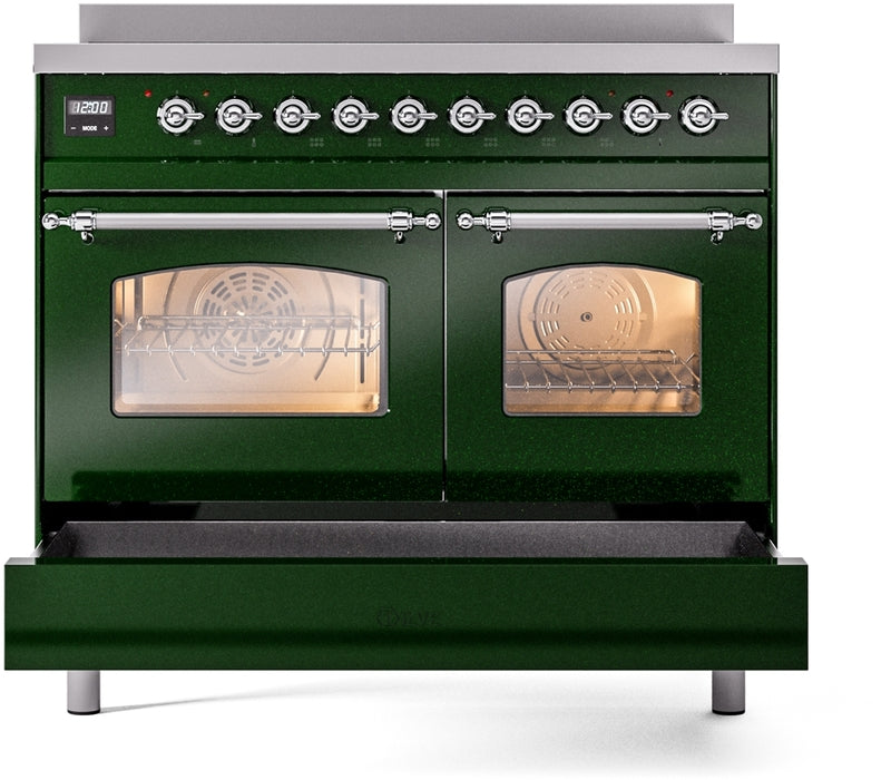 ILVE Nostalgie II 40" Induction Range with Element Stove and Electric Oven in Emerald Green with Chrome Trim, UPDI406NMPEGC