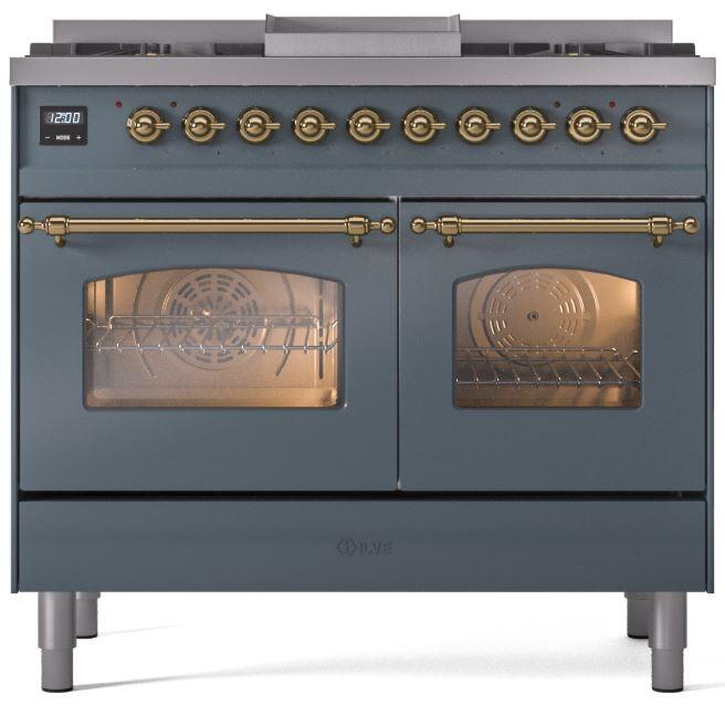 ILVE Nostalgie II 40" Dual Fuel Natural Gas Range in Blue Grey with Brass Trim, UPD40FNMPBGG