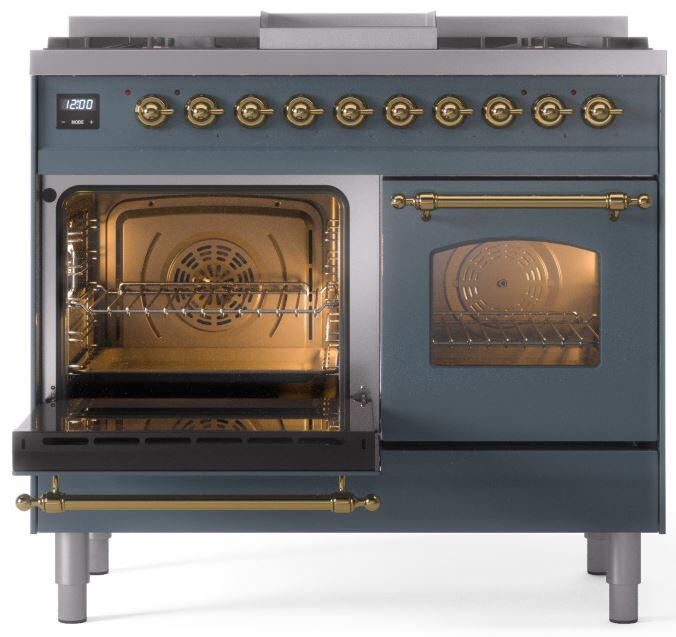 ILVE Nostalgie II 40" Dual Fuel Natural Gas Range in Blue Grey with Brass Trim, UPD40FNMPBGG