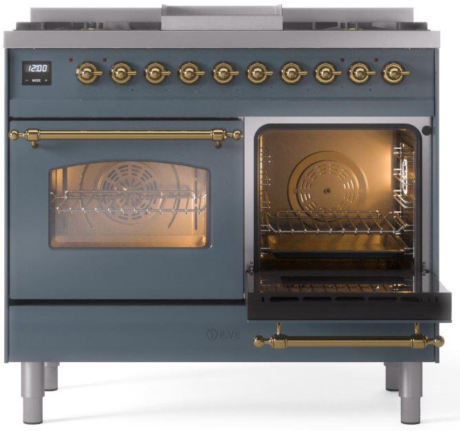 ILVE Nostalgie II 40" Dual Fuel Natural Gas Range in Blue Grey with Brass Trim, UPD40FNMPBGG