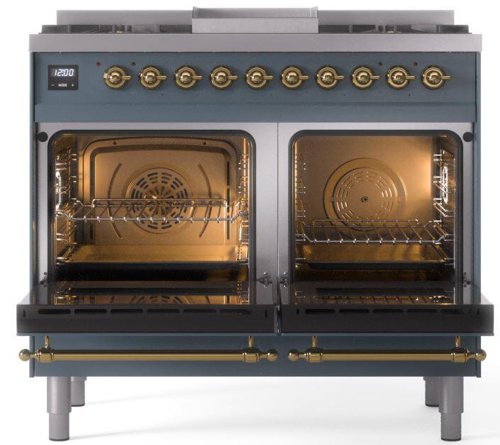 ILVE Nostalgie II 40" Dual Fuel Natural Gas Range in Blue Grey with Brass Trim, UPD40FNMPBGG