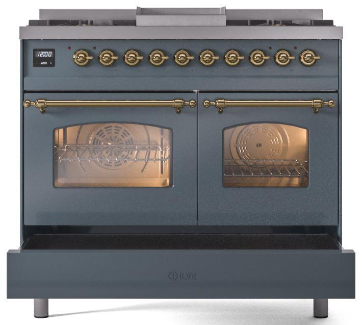 ILVE Nostalgie II 40" Dual Fuel Natural Gas Range in Blue Grey with Brass Trim, UPD40FNMPBGG