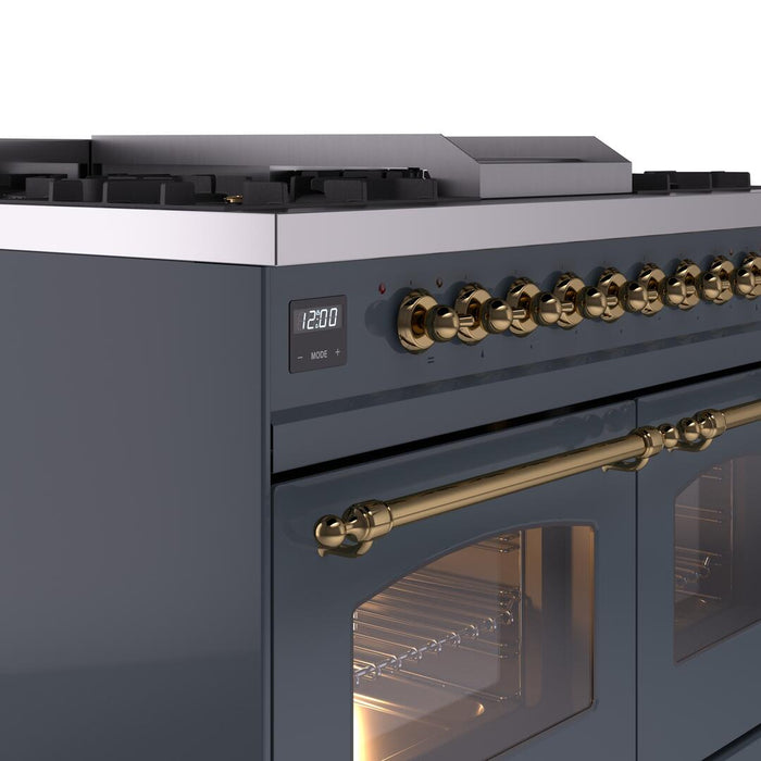 ILVE Nostalgie II 40" Dual Fuel Natural Gas Range in Blue Grey with Brass Trim, UPD40FNMPBGG