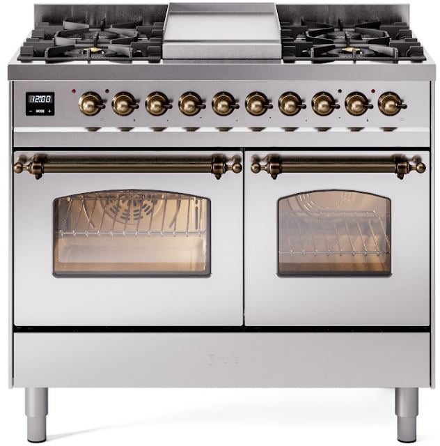 ILVE Nostalgie II 40" Dual Fuel Natural Gas Range in Stainless Steel with Bronze Trim, UPD40FNMPSSB