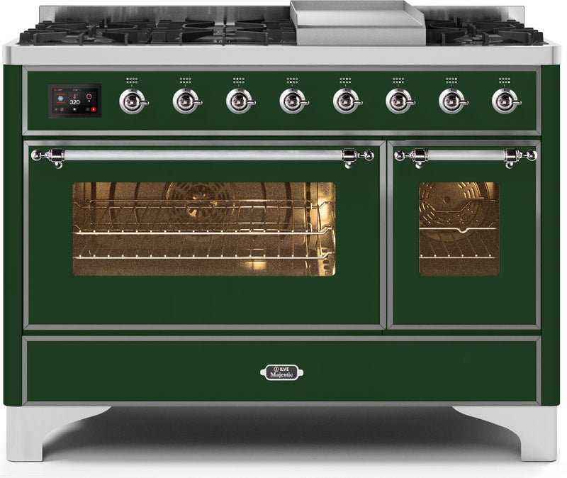 ILVE Majestic II 48" Dual Fuel Propane Gas Range in Emerald Green with Chrome Trim, UM12FDNS3EGCLP