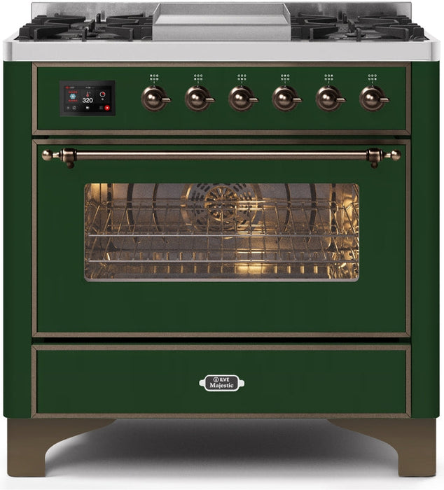 ILVE Majestic II 36" Dual Fuel Natural Gas Range in Emerald Green with Bronze Trim, UM09FDNS3EGB