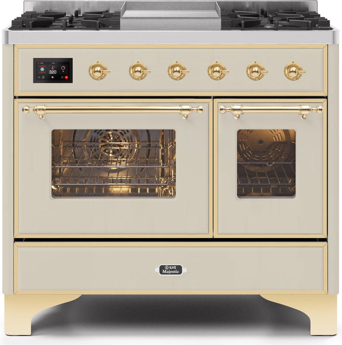 ILVE Majestic II 40" Dual Fuel Propane Gas Range in Antique White with Brass Trim, UMD10FDNS3AWGLP