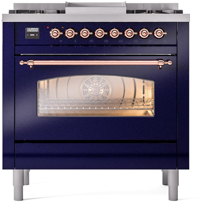 ILVE Nostalgie II 36" Dual Fuel Propane Gas Range in Blue with Copper Trim, UP36FNMPMBPLP