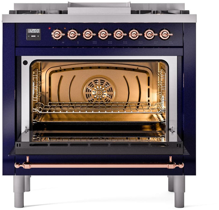 ILVE Nostalgie II 36" Dual Fuel Propane Gas Range in Blue with Copper Trim, UP36FNMPMBPLP