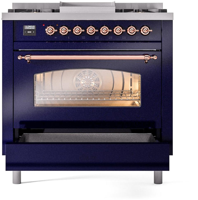 ILVE Nostalgie II 36" Dual Fuel Propane Gas Range in Blue with Copper Trim, UP36FNMPMBPLP