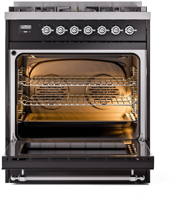 ILVE Nostalgie II 30" Dual Fuel Propane Gas Range in Black with Chrome Trim, UP30NMPBKCLP