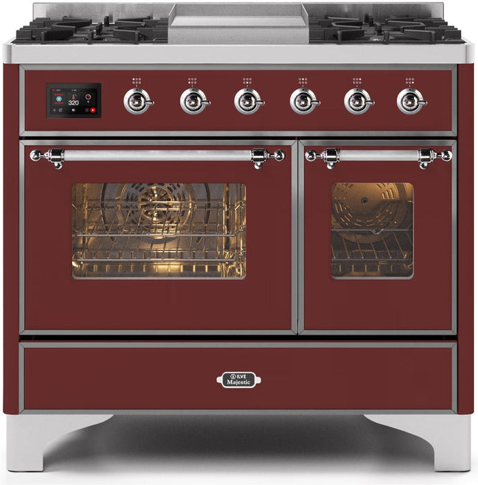 ILVE Majestic II 40" Dual Fuel Propane Gas Range in Burgundy with Chrome Trim, UMD10FDNS3BUCLP