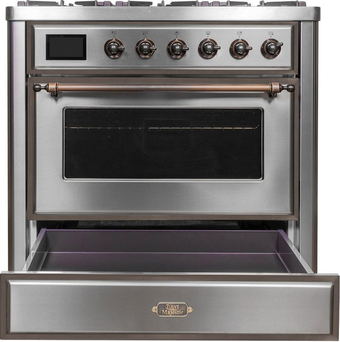 ILVE Majestic II 36" Dual Fuel Natural Gas Range in Stainless Steel with Bronze Trim, UM09FDNS3SSB