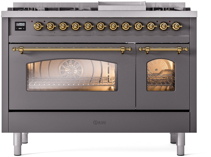 ILVE Nostalgie II 48" Dual Fuel Natural Gas Range in Matte Graphite with Brass Trim, UP48FNMPMGG