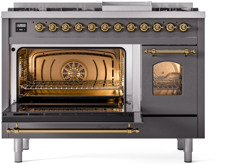 ILVE Nostalgie II 48" Dual Fuel Natural Gas Range in Matte Graphite with Brass Trim, UP48FNMPMGG