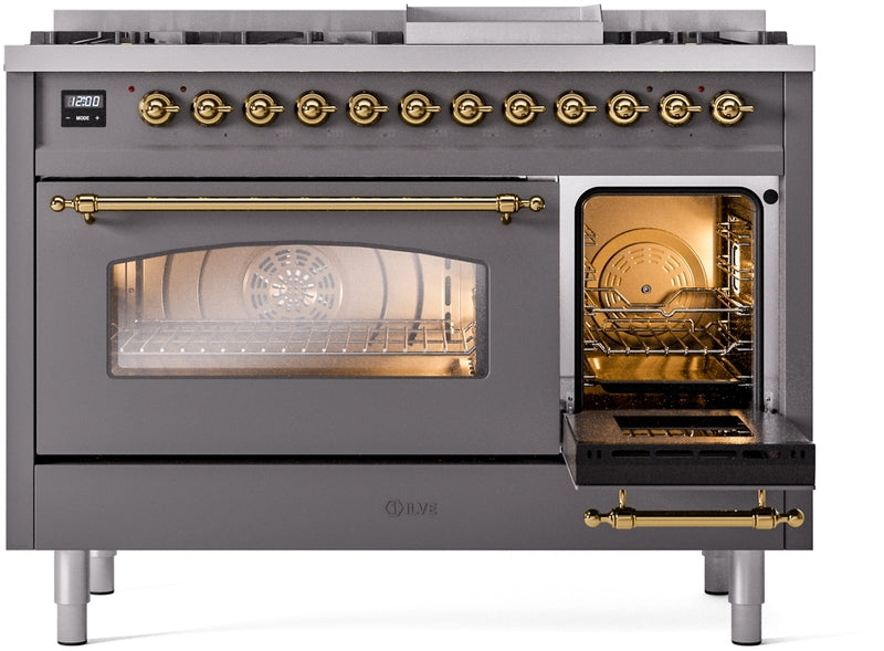 ILVE Nostalgie II 48" Dual Fuel Natural Gas Range in Matte Graphite with Brass Trim, UP48FNMPMGG