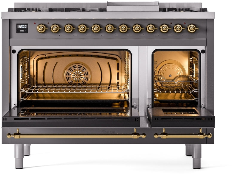 ILVE Nostalgie II 48" Dual Fuel Natural Gas Range in Matte Graphite with Brass Trim, UP48FNMPMGG