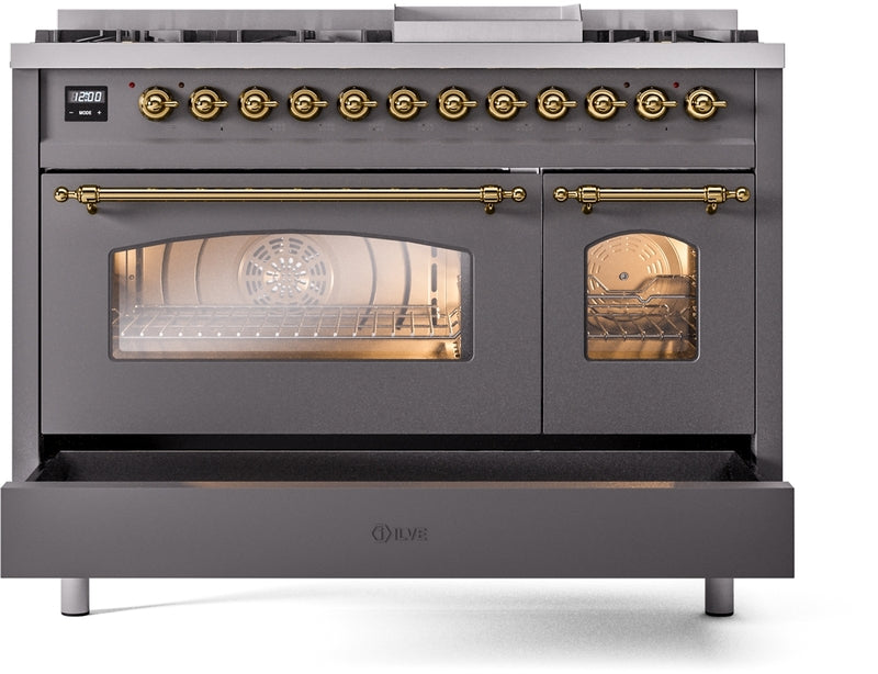 ILVE Nostalgie II 48" Dual Fuel Natural Gas Range in Matte Graphite with Brass Trim, UP48FNMPMGG