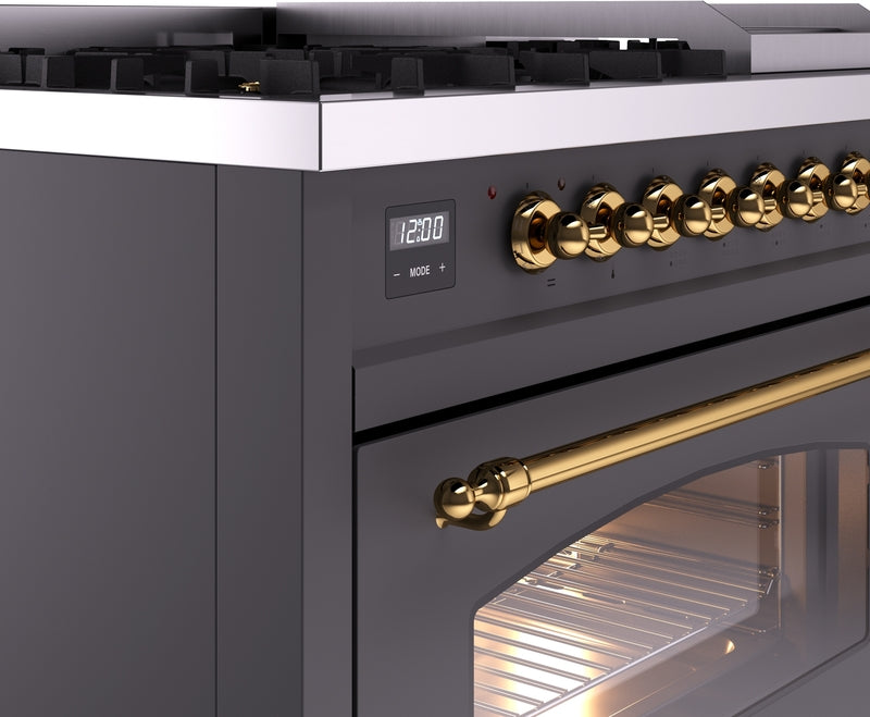 ILVE Nostalgie II 48" Dual Fuel Natural Gas Range in Matte Graphite with Brass Trim, UP48FNMPMGG