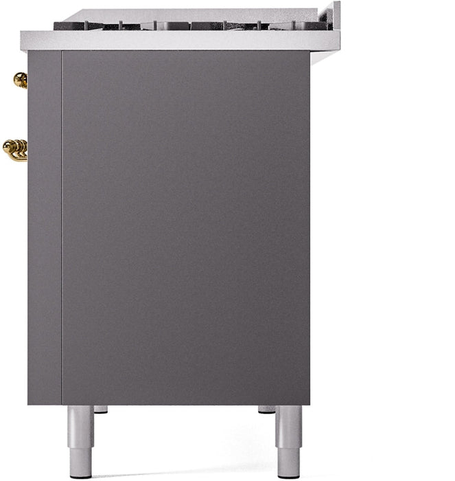 ILVE Nostalgie II 48" Dual Fuel Natural Gas Range in Matte Graphite with Brass Trim, UP48FNMPMGG