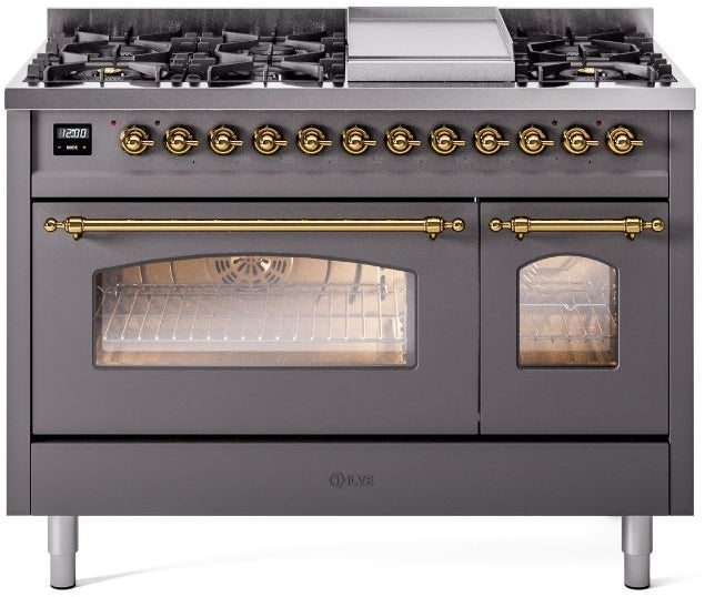 ILVE Nostalgie II 48" Dual Fuel Natural Gas Range in Matte Graphite with Brass Trim, UP48FNMPMGG