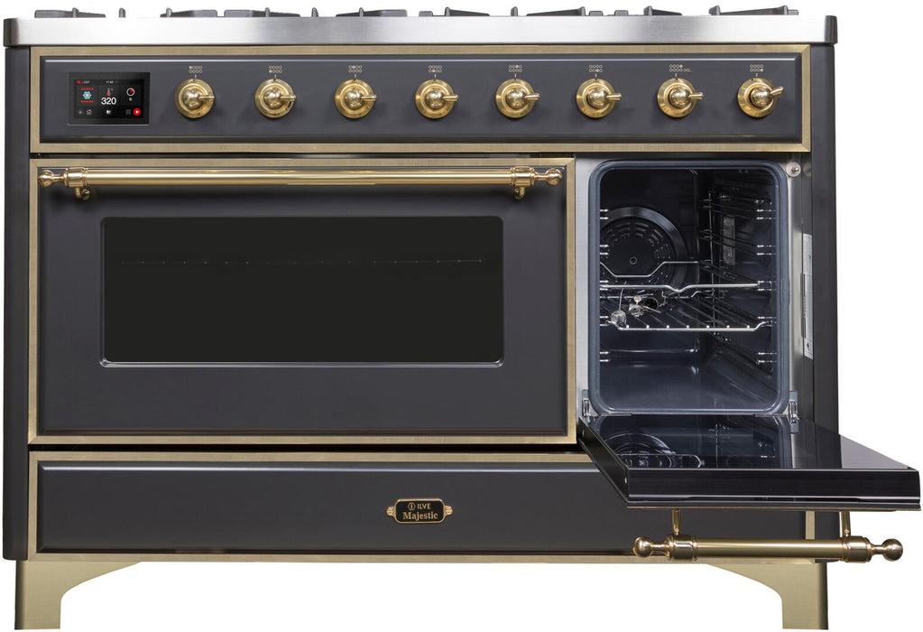 ILVE Majestic II 48" Dual Fuel Propane Gas Range in Matte Graphite with Brass Trim, UM12FDNS3MGGLP