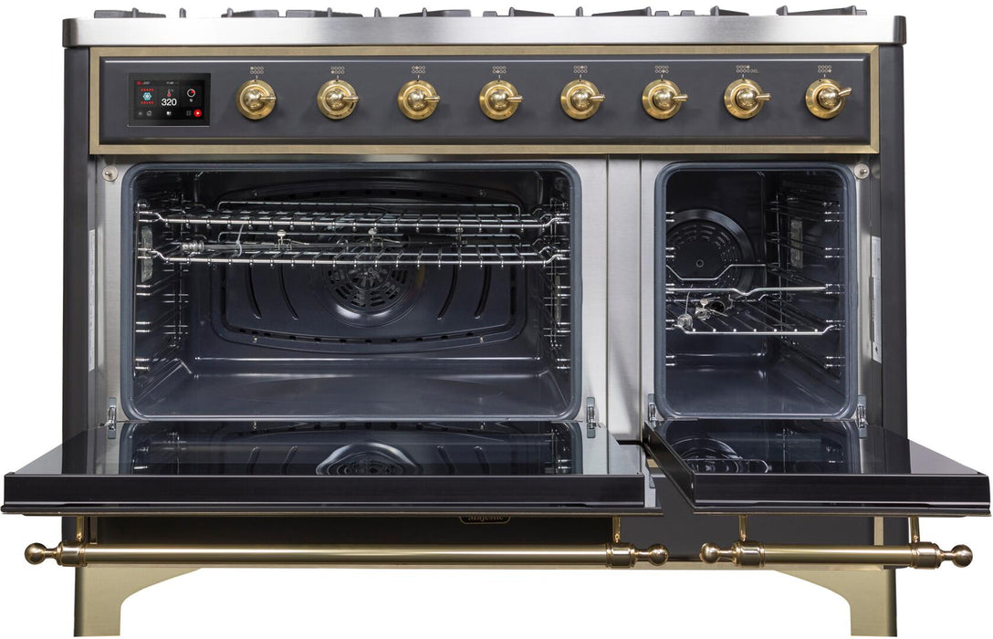 ILVE Majestic II 48" Dual Fuel Propane Gas Range in Matte Graphite with Brass Trim, UM12FDNS3MGGLP