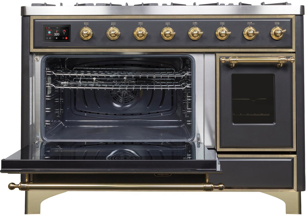 ILVE Majestic II 48" Dual Fuel Propane Gas Range in Matte Graphite with Brass Trim, UM12FDNS3MGGLP