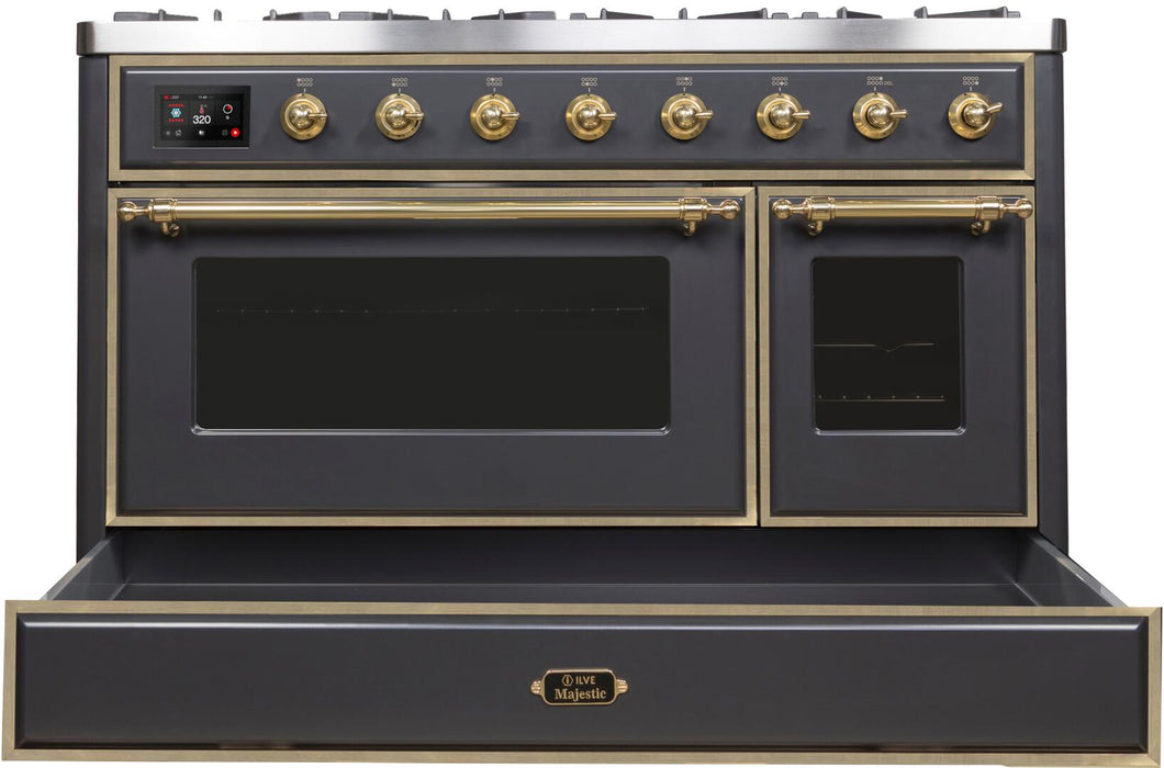 ILVE Majestic II 48" Dual Fuel Propane Gas Range in Matte Graphite with Brass Trim, UM12FDNS3MGGLP