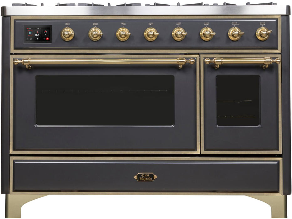 ILVE Majestic II 48" Dual Fuel Propane Gas Range in Matte Graphite with Brass Trim, UM12FDNS3MGGLP