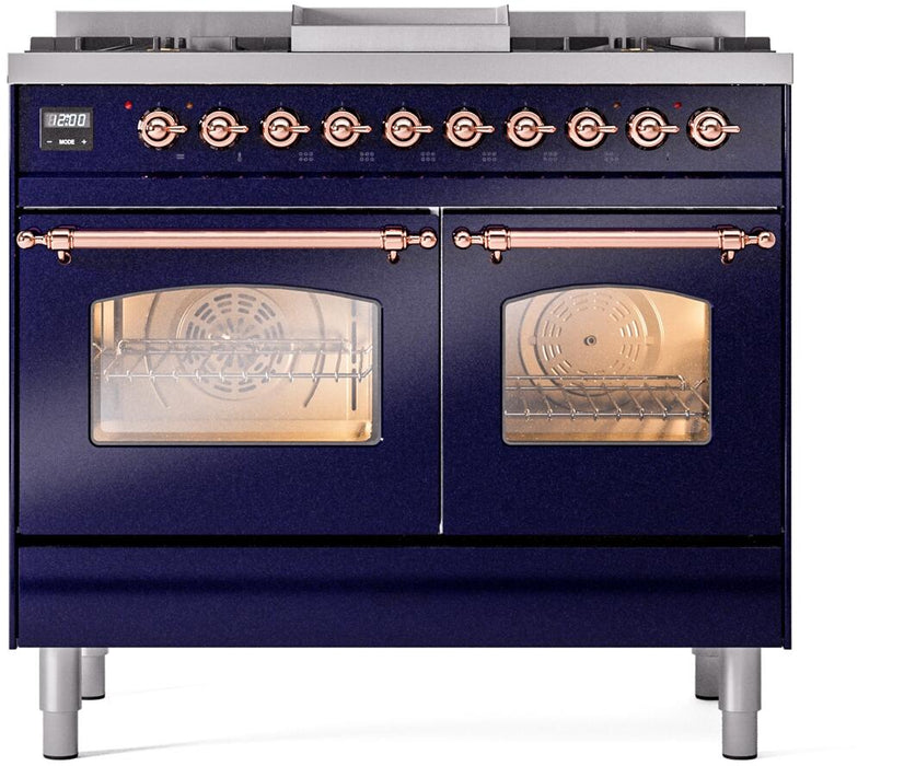 ILVE Nostalgie II 40" Dual Fuel Natural Gas Range in Blue with Copper Trim, UPD40FNMPMBP