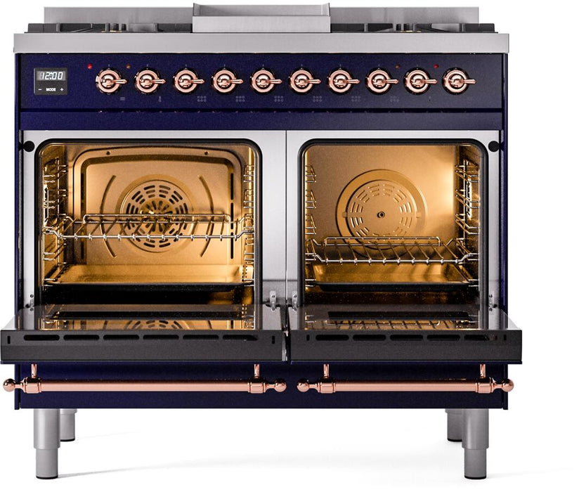 ILVE Nostalgie II 40" Dual Fuel Natural Gas Range in Blue with Copper Trim, UPD40FNMPMBP